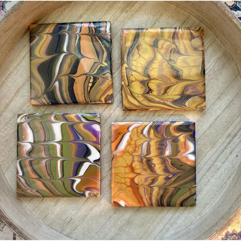 Acrylic Fluid Art Ceramic 4.25" Tile Cork Backed Coasters Mother's Day